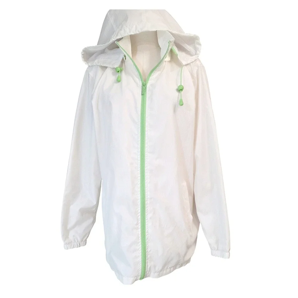 Totes Womens Windbreaker Jacket White Mint Green Zip Up Hooded Mesh Lined Size M